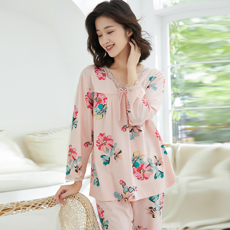 睡衣女纯棉长袖春秋季薄款加大码可外穿2025年新款妈妈家居服全棉