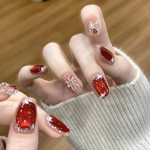 霜筠【告白烟火】红宝石猫眼手绘烟花圣诞甲显白新年高级感穿戴甲