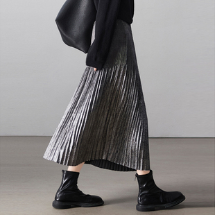 重工压褶烫银半身裙女2026夏装 遮胯气质百褶松紧腰皱褶0317r 新款