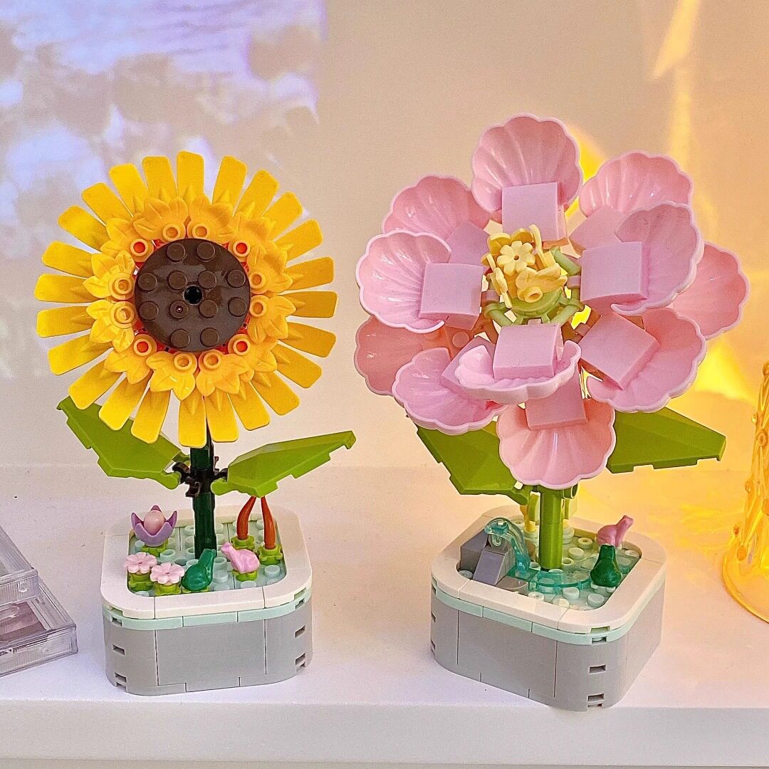 正品钻马积木花桌面盆栽摆件兼容拼装永生花束女孩创意手工礼物