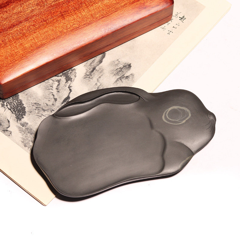 非遗珍藏安徽老坑歙砚玉兔呈祥星子坑金晕纯手工雕刻天然原石文房四宝书画专用研墨配整挖樟木盒高档精品砚台