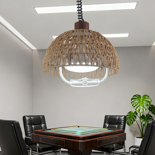 麻将房升降灯创意复古手工藤编餐厅吧台可伸缩茶室火锅店民宿吊灯