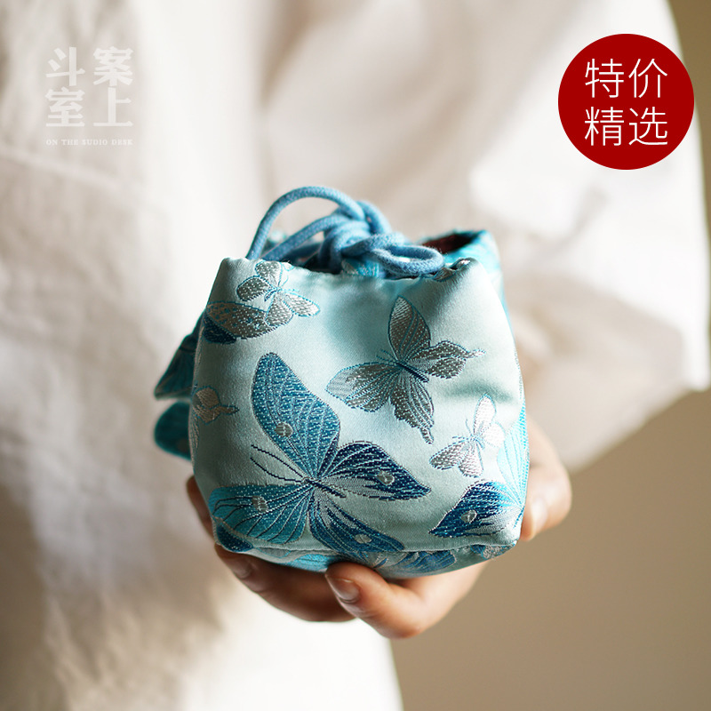 斗室案上织锦湖蓝刺绣茶布袋
