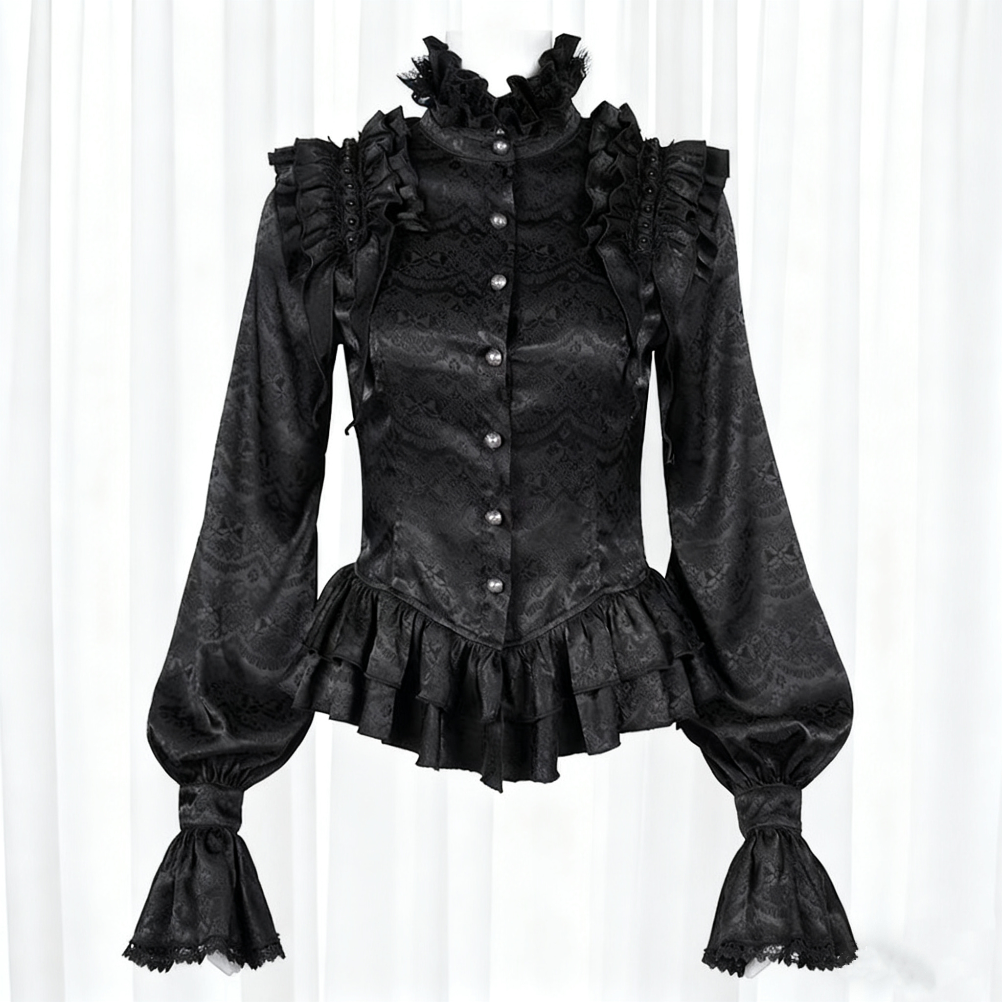 黑色Lolita上衣复古哥特宫廷风姬袖衬衫收腰洛丽塔衬衣恶魔cos服