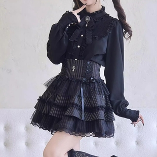 蕾系半裙套装 日系量产型蕾丝长袖 上衣亚文化可爱lolita内搭衬衫