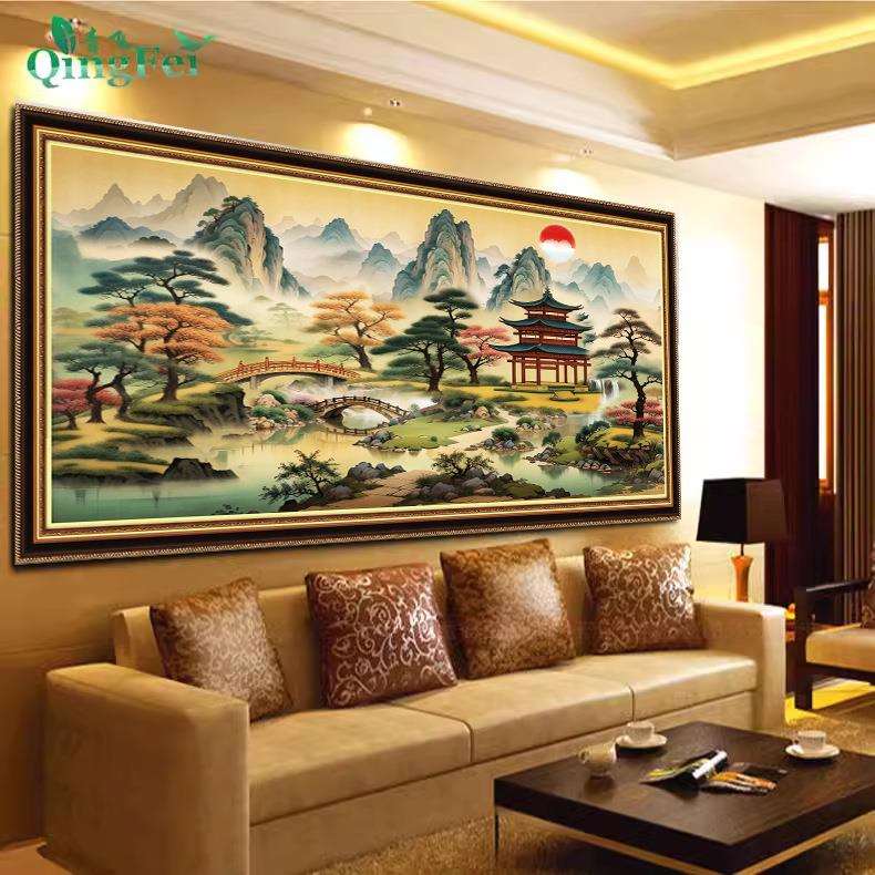 青飞精准印布亭台楼阁十字绣款中式线绣客厅山水画中国风手工刺绣