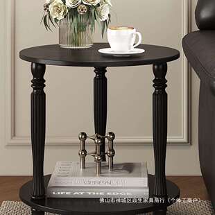 美式双层实木床头柜中古小型沙发边柜圆形角几客厅卧室茶几小桌子