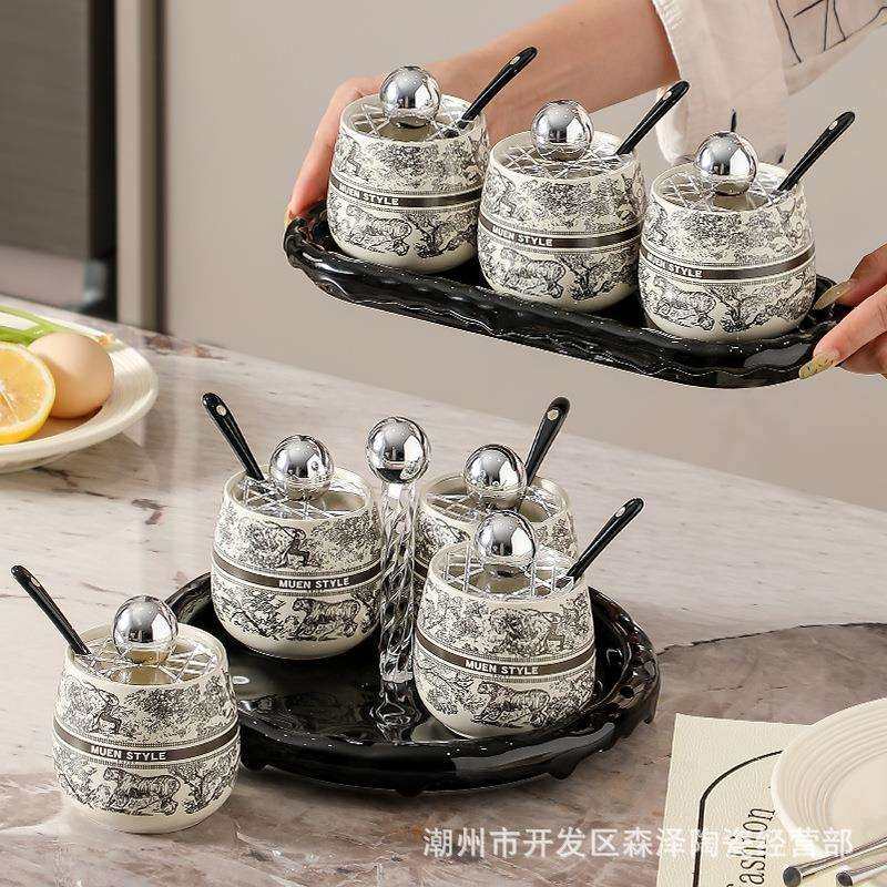 轻奢盐罐调料盒家用陶瓷调味罐套装厨房调料品收纳盒高颜值