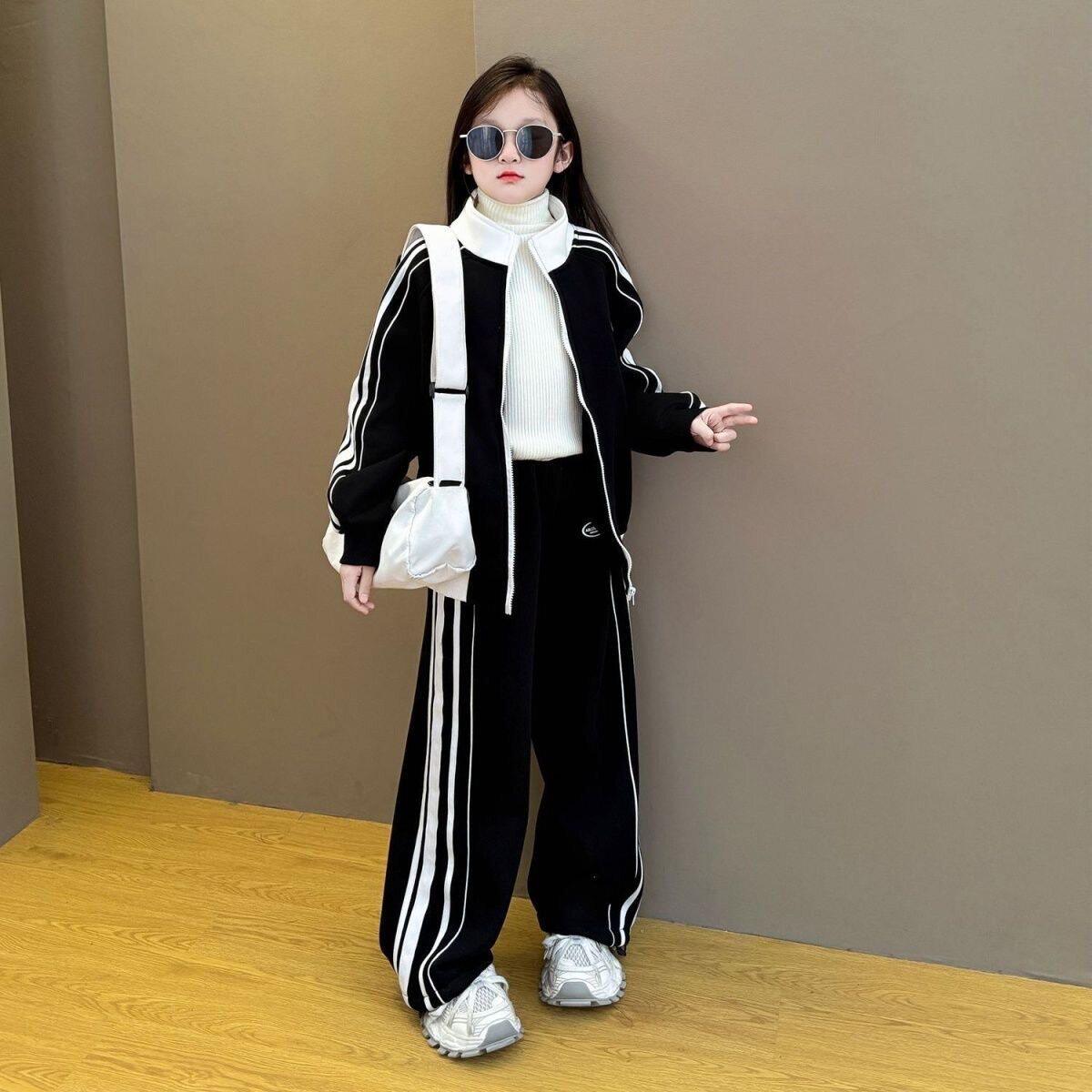 女童2026春秋季运动套装女孩黑色撞色条纹休闲两件套洋气中大童潮