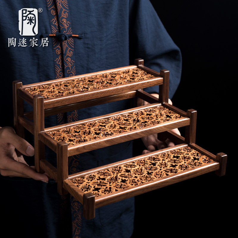 陶迷核桃木博古架实木手工切割家居桌面摆件多宝阁茶具古董展示架