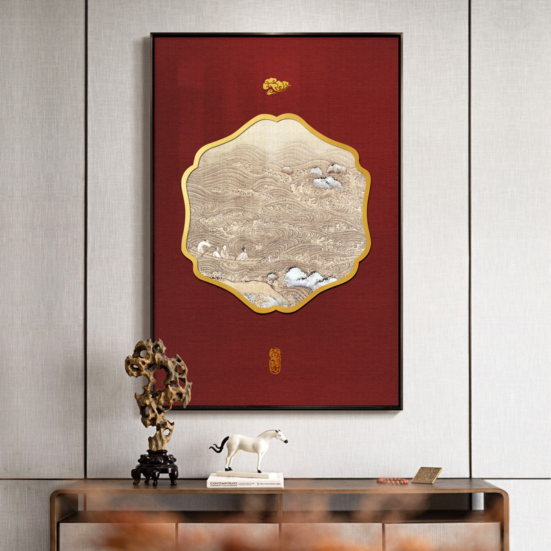 入户玄关装饰画正对墙过道新中式墙面餐厅挂画客厅国潮风背景壁画
