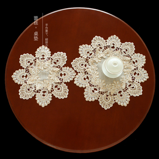 唯米9957简约现代素麻棉蕾丝镂空圆桌垫隔热餐垫茶杯垫圆形小桌布