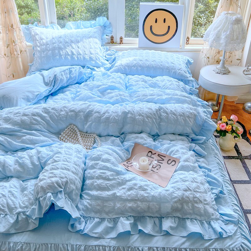ins公主风蓝色纯色泡泡纱花边床裙被罩被单四件套床单被套三件套