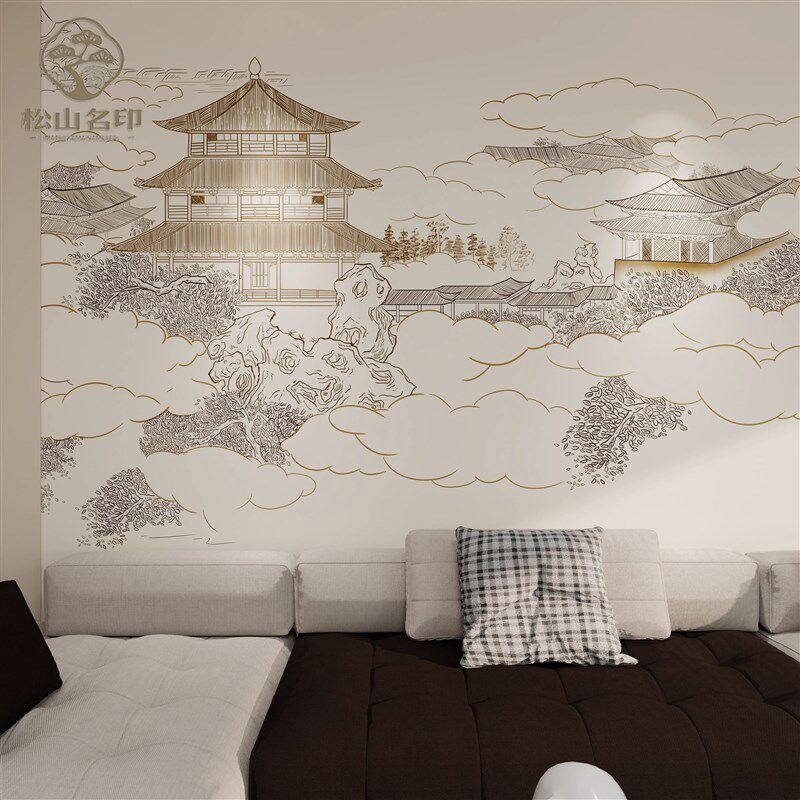 8D新中式阁楼壁纸古风电视背景墙纸硬包定制壁画饭店餐厅装饰墙布
