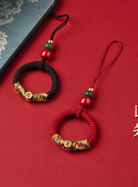 福一方朱砂纯银生肖本命像手机链手工编织挂绳高级指环扣挂件红绳