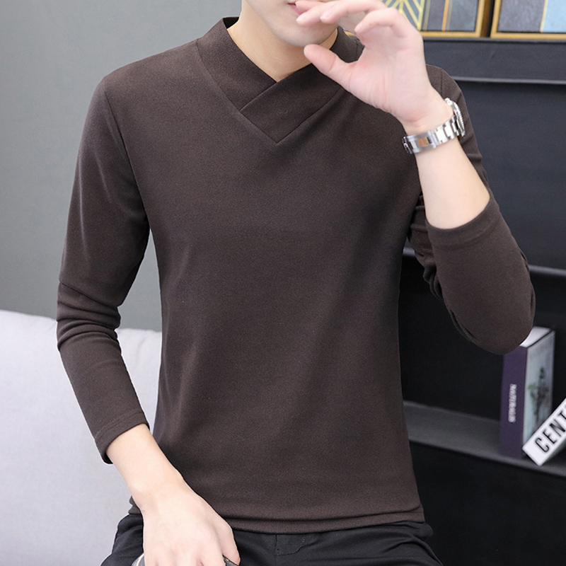 秋冬双面打底衫男士长袖t恤秋新款潮流v领体恤秋装保暖上衣1117u