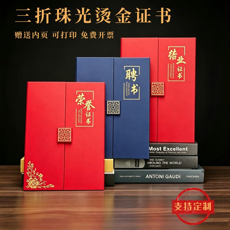 三折珠光红色竖版荣誉证书外壳烫金获奖聘书捐赠颁奖证书皮A4现货