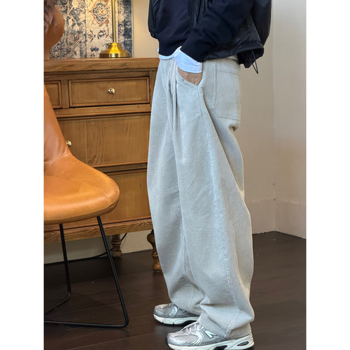 琴仔 百搭复古松弛感灯芯绒休闲裤后松紧腰抽绳阔腿长裤女 D5020