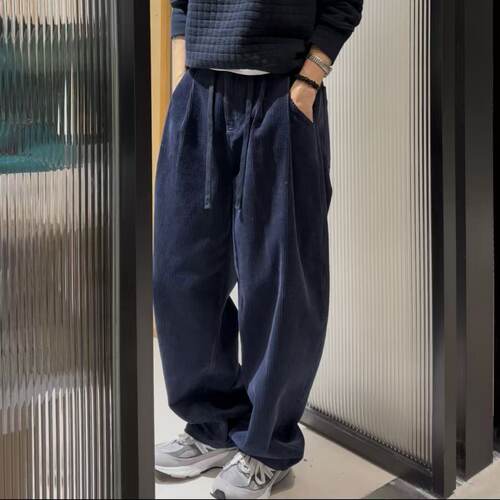 琴仔 小众高级感米杏色复古灯芯绒长裤后松紧抽绳阔腿休闲裤D5020