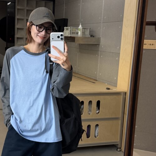 琴仔 拼接撞色宽松圆领插肩袖长袖T恤女显瘦百搭休闲薄款上衣 Y06