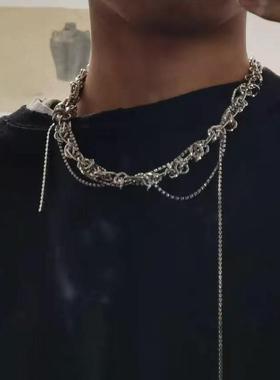 小众镶钻银色粗链条打结流苏项链男女欧美嘻哈双层带钻流苏锁骨链