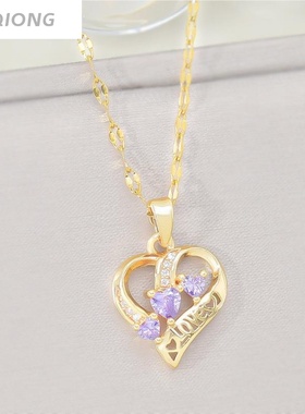 新款粉锆石IOVE爱心项链女 钛钢不掉色简约时尚百搭吊坠 网红配饰