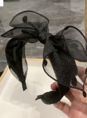 黑色大蝴蝶结波点发箍洋气发夹上档次宽边发卡成人气质网纱头箍女