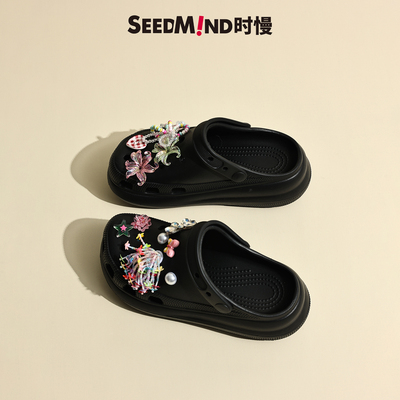 时慢防滑泡芙洞洞鞋女20025夏新款y2k多巴胺鞋花厚底外穿包头凉鞋