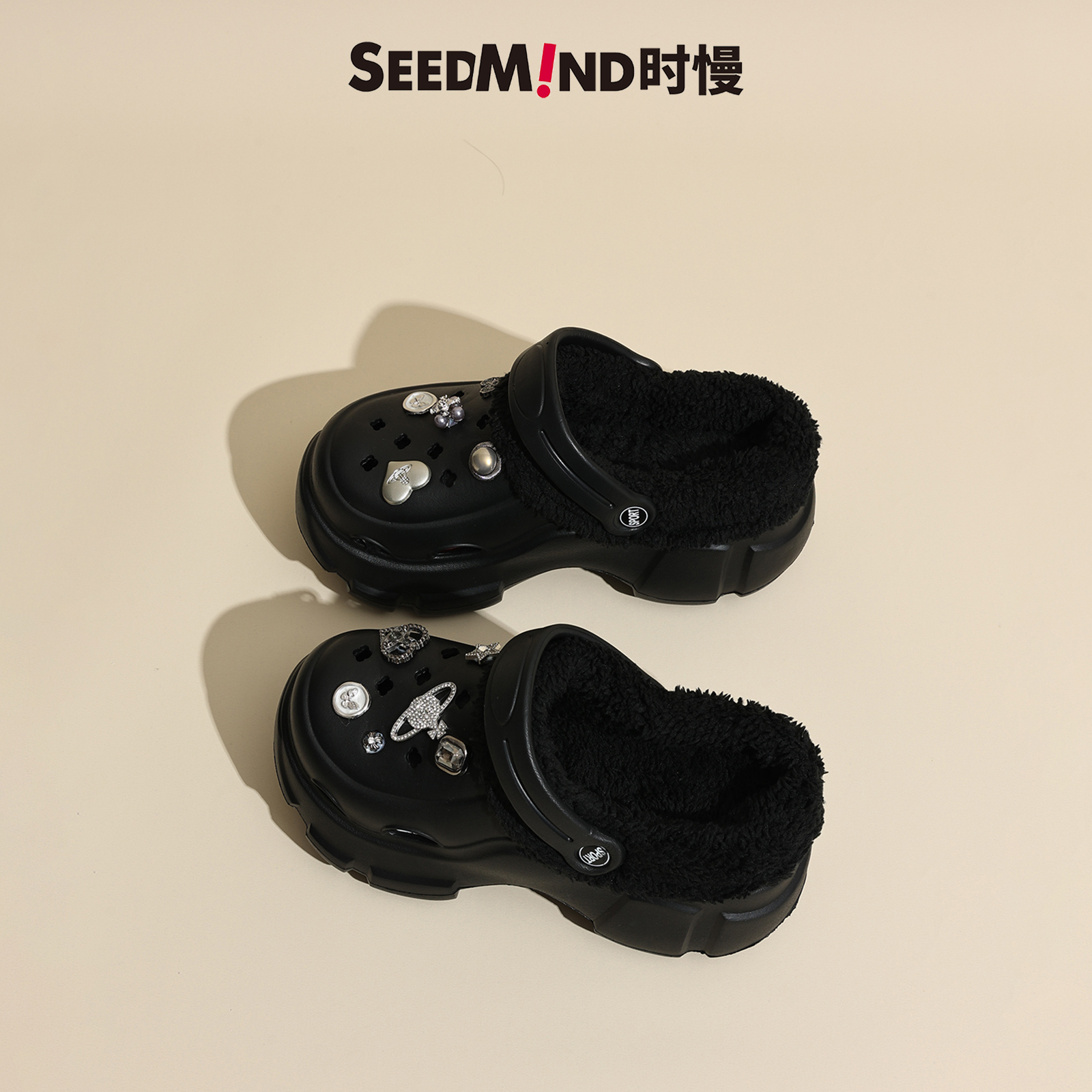 时慢外穿冬季厚底可拆卸加绒洞洞鞋女士黑色增高失落土星带绒拖鞋