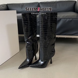 尖头细跟长筒骑士靴 管靴女时尚 时慢2025秋冬新款 辣妹鳄鱼纹高跟裤