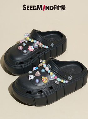 时慢coros洞洞鞋女款厚底松糕海边时尚珍珠外穿凉鞋拖鞋增高黑色