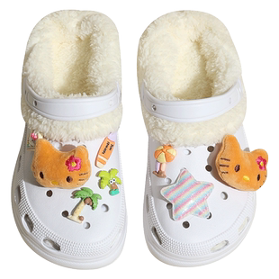 时慢加绒洞洞鞋冬款可拆卸女增高毛绒黑色可爱冬天外穿厚底棉拖鞋