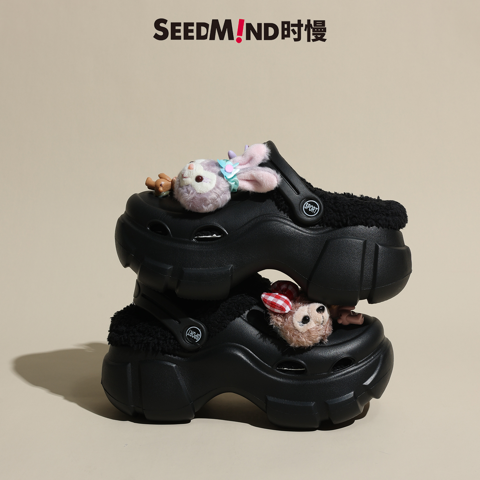 加绒洞洞鞋可拆卸厚底可爱高跟