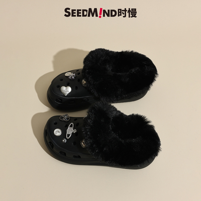 厚底泡芙洞洞鞋冬季加绒可拆卸