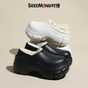 毛绒包跟厚底黑色女款 外穿家居时尚 女士冬季 时慢超高跟防水棉拖鞋