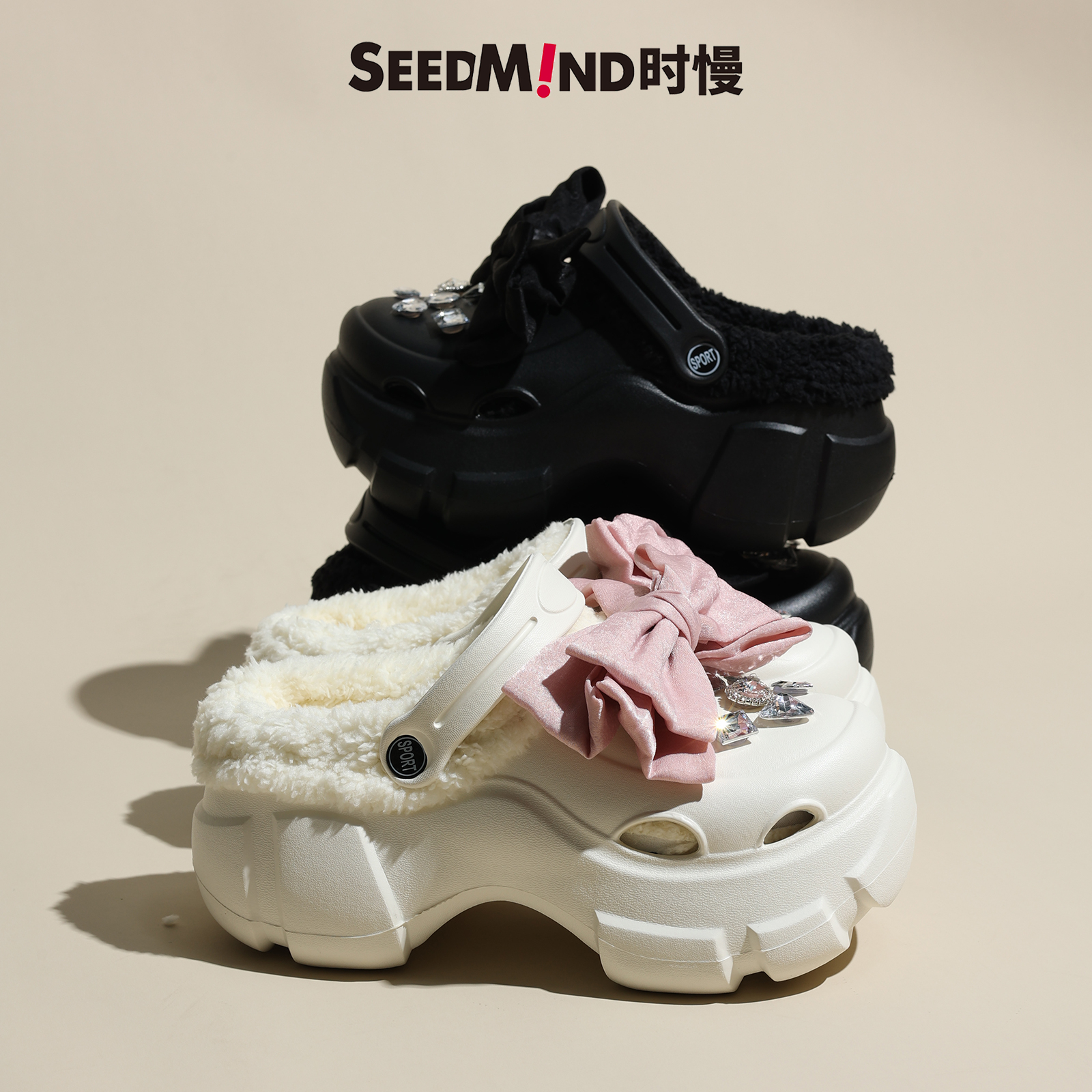 时慢可拆卸加绒洞洞鞋冬款女款厚底冬季黑色毛绒外穿毛毛棉拖鞋女