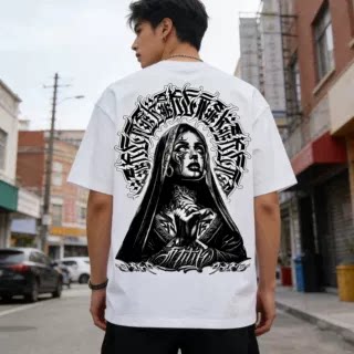 thumbnail for Trendy brand tattoo artist comic tattoo West Coast street dance Chicano font cartoon American cotton heavy T-shirt