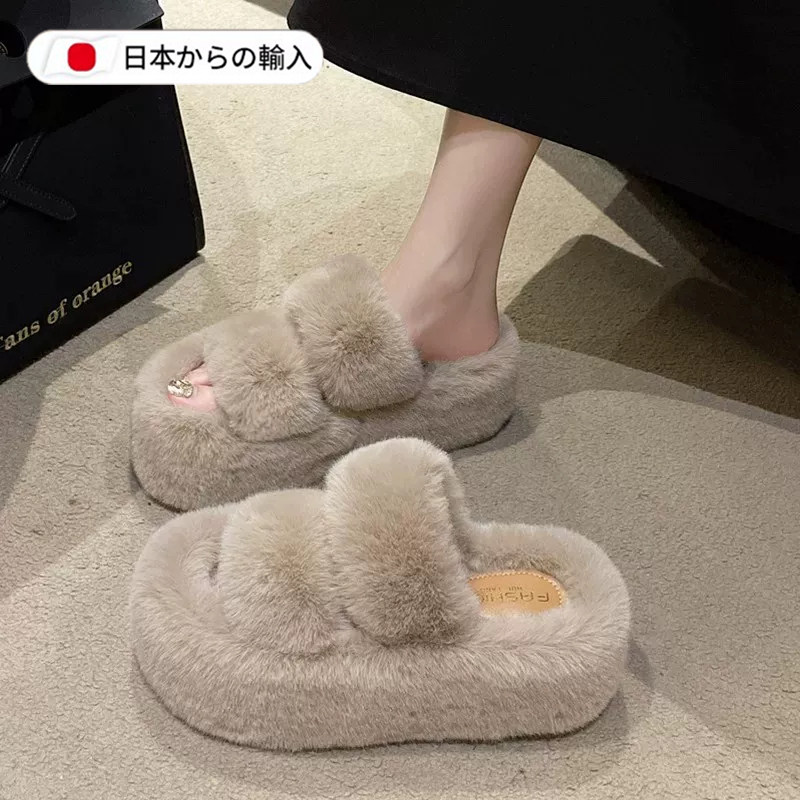厚底增高棕色毛毛拖鞋外穿棉拖鞋