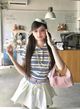Trendkill美式复古条纹POLO领短袖T恤上衣夏季美高风辣妹正肩上衣
