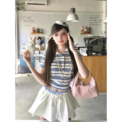 美式复古条纹POLO领短袖T恤上衣