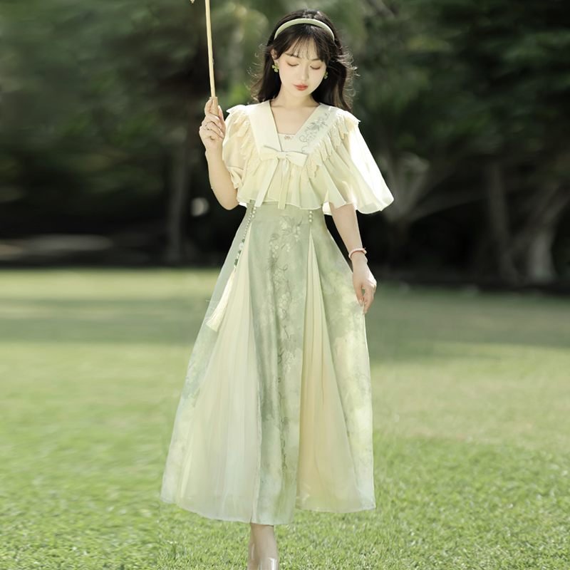 设计师的礼物原创青提诗汉服女中国风春夏汉元素外披吊带裙套装