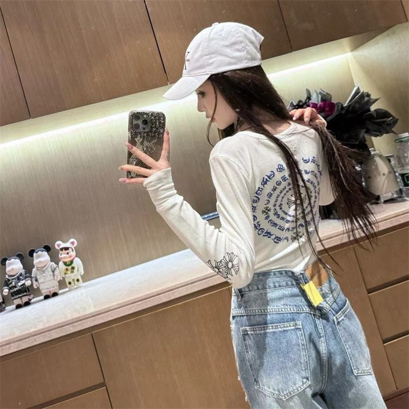 十字架梵文印花薄款长袖T恤女