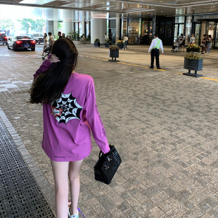 十字架马蹄梵文印花长袖 小众潮牌玫紫色宽松ins上衣 T恤女春秋新款