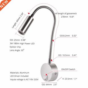 Wall Lamp 3W Home Hotel Loft Bedside Reading Book Black Silv