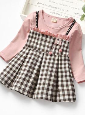 Girls Spring Plaid Dress Knee Length 1-5Y Young Children Cot