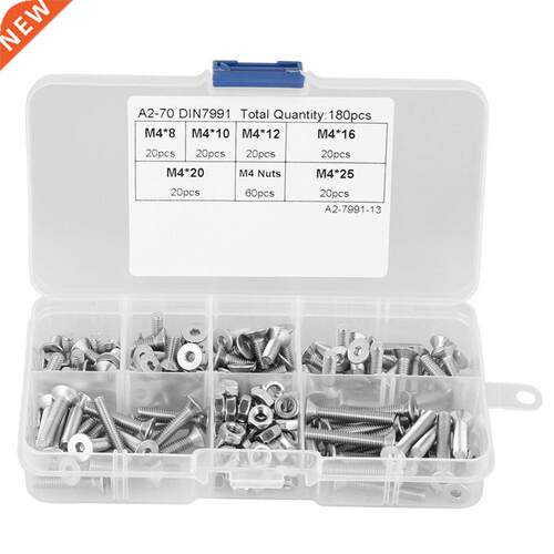 180pcs M4 Screws Nuts 304 Flat Head Bolt Screws Nuts Assortm