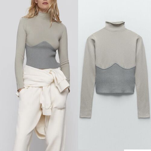 Za Women Winter Patchwork Turtleneck Knit Sweater 2020 Long