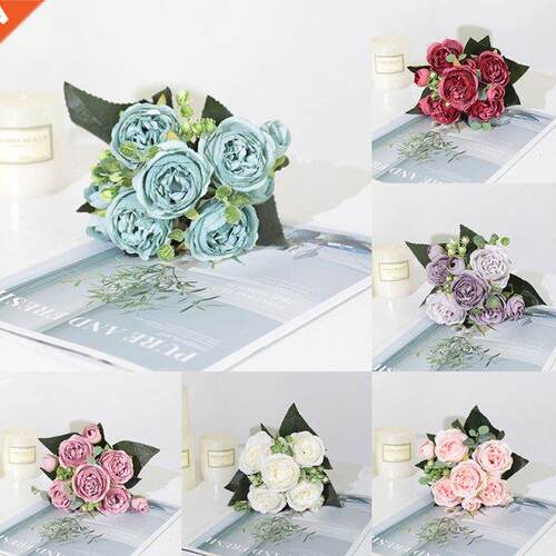 1 Bouquet 5 Heads Artificial Flowers Peony Tea Rose Silk Fak