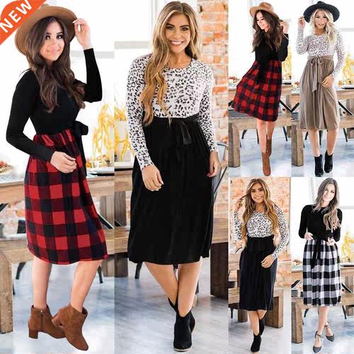 Leopard grain splicing long-sleeved dress knitted dress