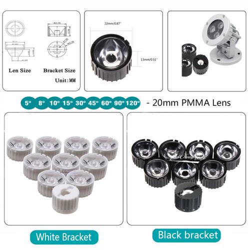 50PCS/lot 5 8 10 15 25 30 45 60 90 120 Degrees LED Lens 20mm